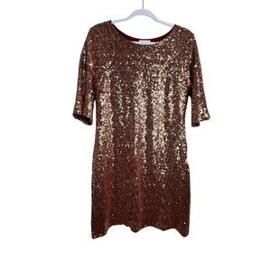 Allie Rose Sequin Dress Womens Size L Rose Gold Party Cocktail Bell Sleeve I17